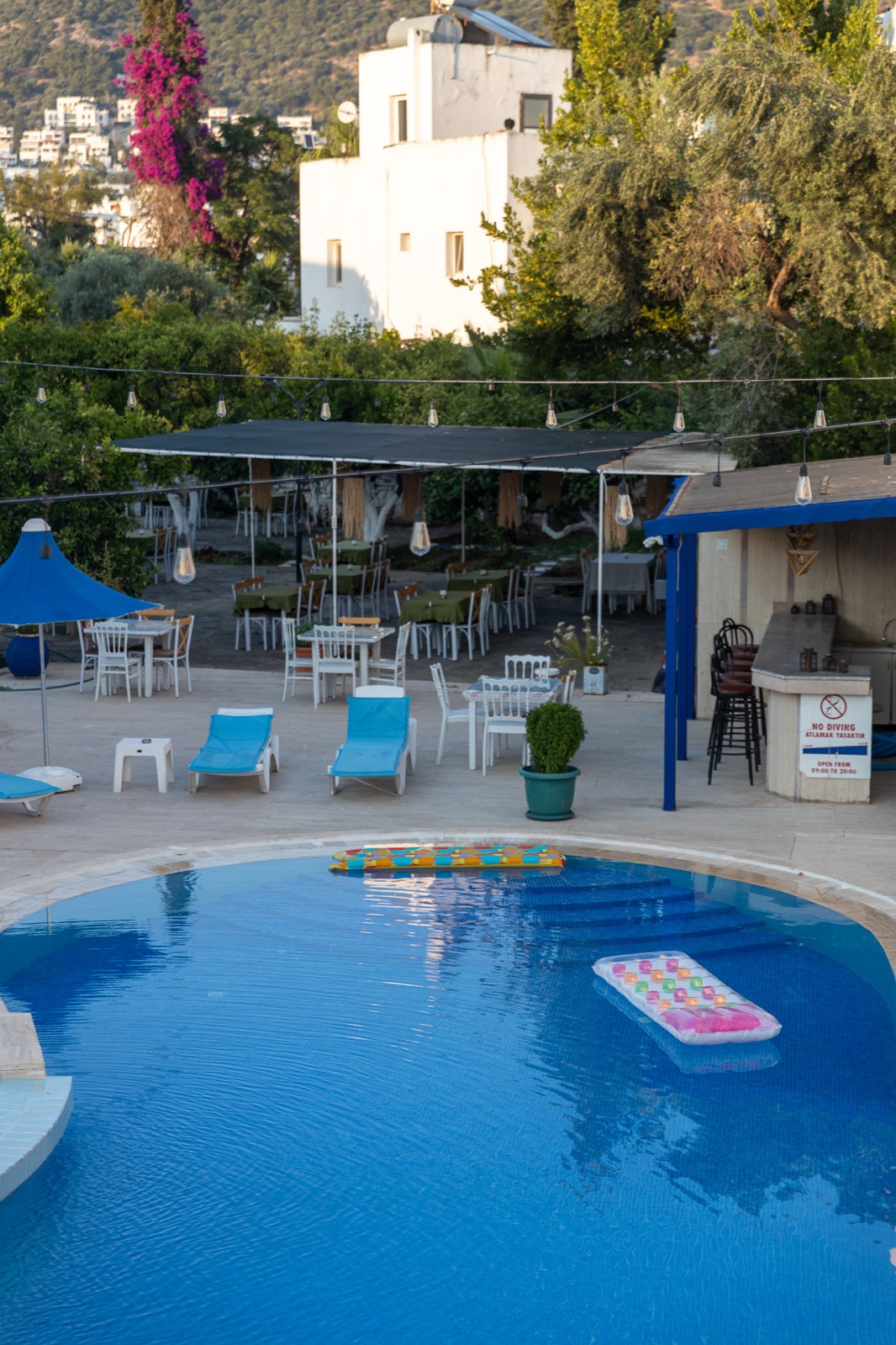 Havuz, havuz bar ve bahçe restoranının kuş bakışı görünümü